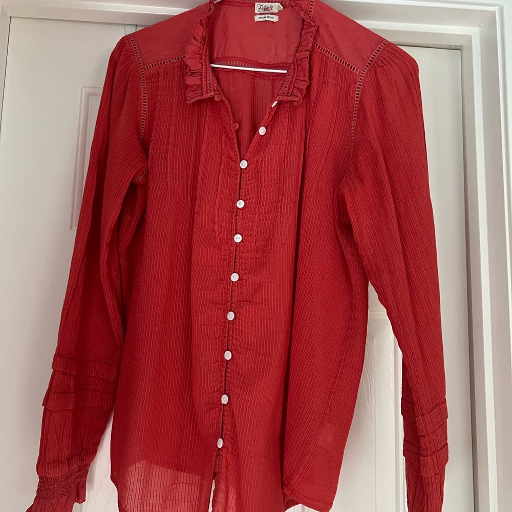 Faherty Coral Long Sleeve Ruffled Bib Collar Shirt